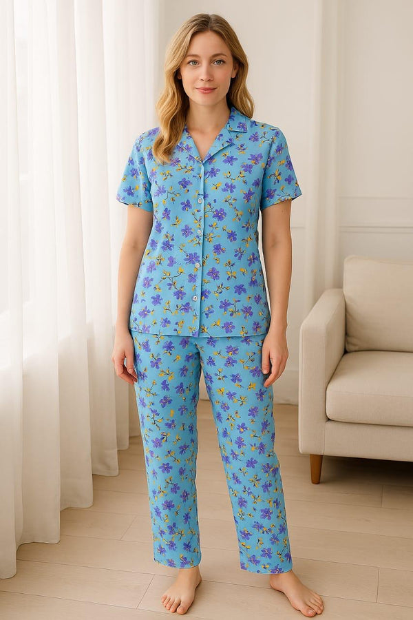 Cotton Ladies Night Suit with Button Shirt and Trouser