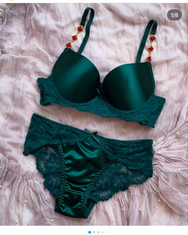 Bra Panty Set Silk Satin with Pearls
