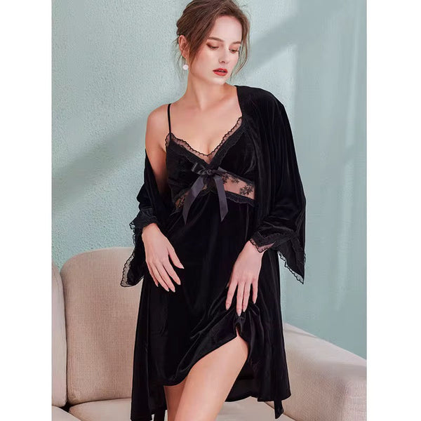 Satin Velvet Nighty with Robe Lingerie